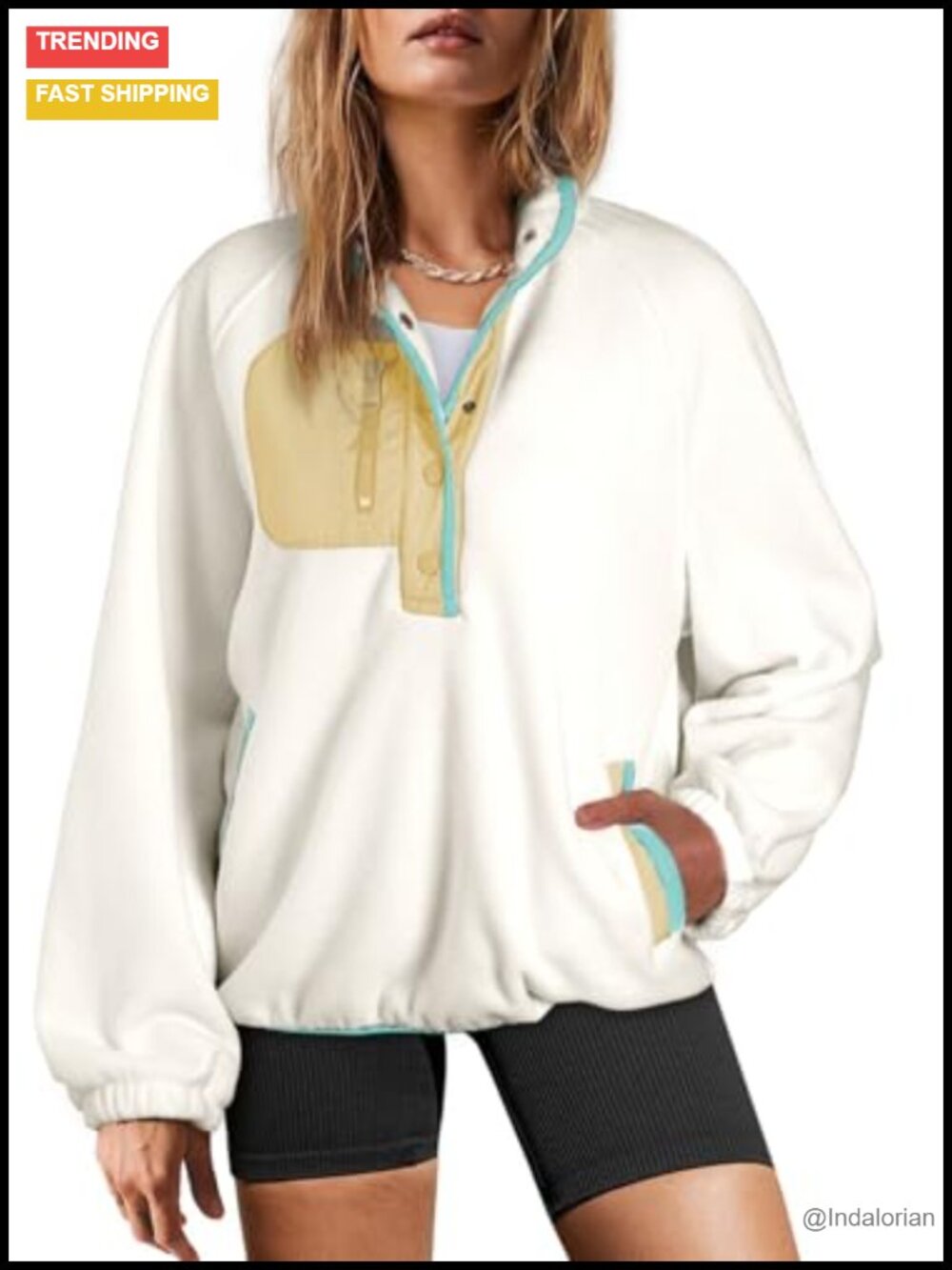 Fuzzy Fleece Color Block Button Pullover Sweatshirt - Picture 1 of 6